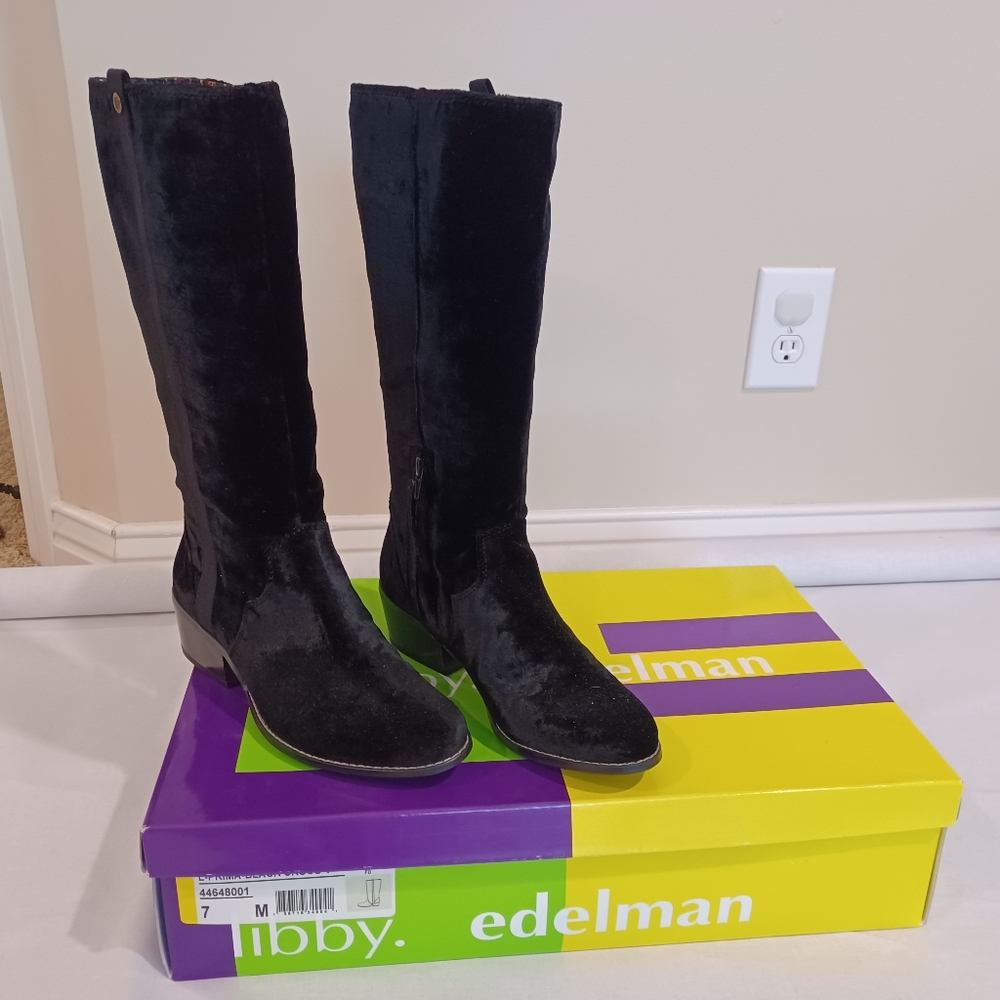 Libby Edelman, Black Velvet Boots, sz 7 med, 2 in heel height.